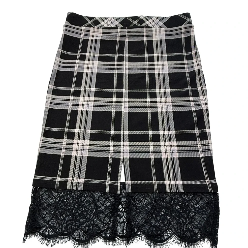 Torrid Ponte Knit Plaid Pencil Midi Skirt Lace Trim‎ Black Pink Womens 10